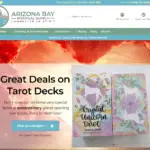 Arizona Bay Spiritual Supply website showcasing tarot decks with promotional text about great deals, reflecting the business's focus on spiritual implements and tools.