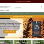 Hemp food promotional banner featuring a product package against a backdrop of hemp plants, emphasizing Serenity Valley Hemp Co.'s offerings in the CBD market.