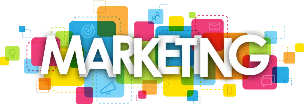 Colorful marketing icons and the word "MARKETING" in bold, emphasizing digital marketing strategies and trends.