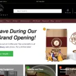 Coffee product display featuring BrewRoost branding, promotional text for grand opening, and images of coffee bags and cups, highlighting digital marketing services by AVLC.