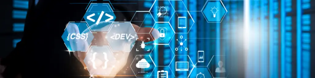 Digital marketing concepts with coding symbols, icons representing web development, and technology elements, emphasizing Search Engine Marketing (SEM) strategies by Absolute Velocity Labs (AVLC).