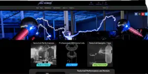 Tesla coil performance showcasing dynamic electrical arcs and blue lighting effects, highlighting innovative digital marketing solutions by AVLC for large-scale events.