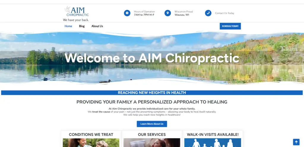 AIM Chiropractic website homepage featuring serene lake view, logo, and welcoming message emphasizing personalized healing and services in Wausau, WI.
