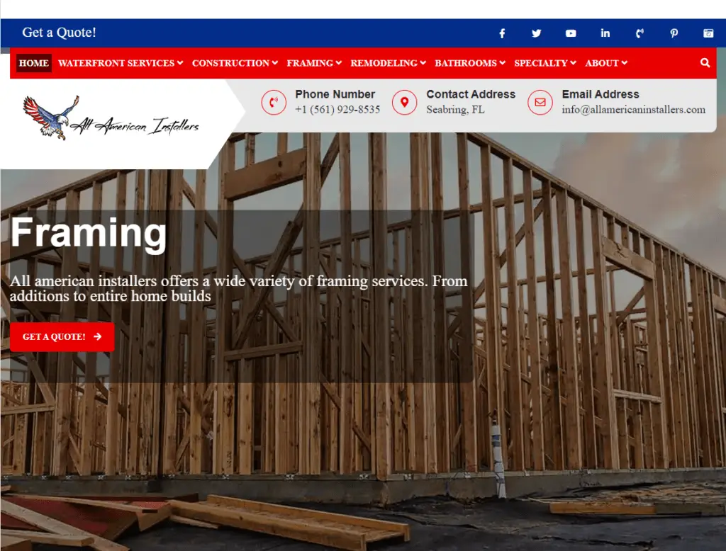 All American Installers website screenshot showcasing framing services, featuring wooden frames of a construction project with service details and call-to-action button for quotes.