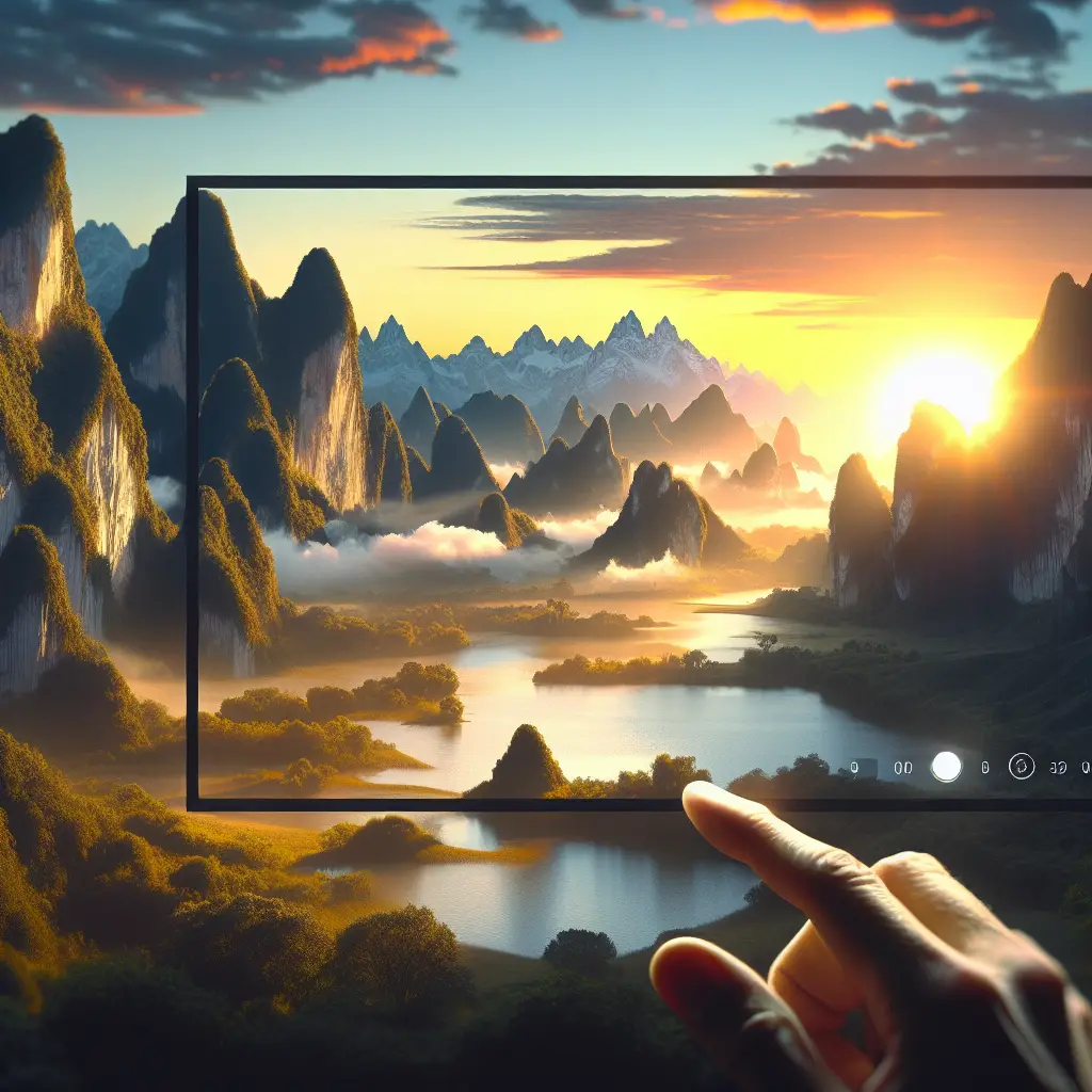 Hand reaching towards a digital screen displaying a stunning landscape of mountains, mist, and a sunrise over a serene river, symbolizing the integration of technology in visual storytelling for digital advertising.