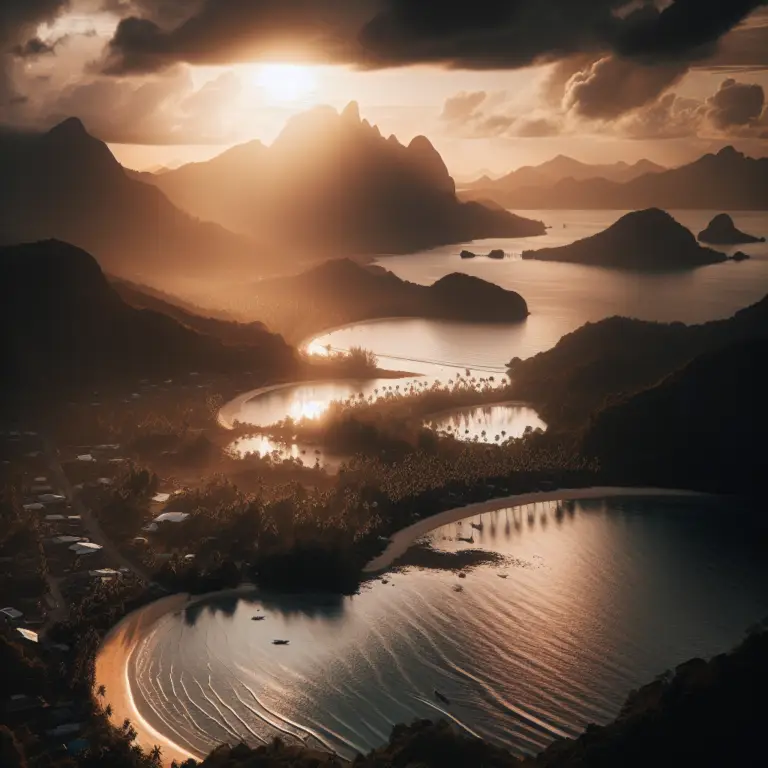 Scenic aerial view of lush tropical landscape at sunset, featuring winding coastlines, calm waters, and distant mountains, reflecting the essence of nature's tranquility and beauty.