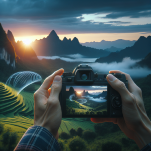 Person holding a camera capturing a scenic landscape with terraced fields and mountains at sunrise, illustrating the beauty of nature photography.