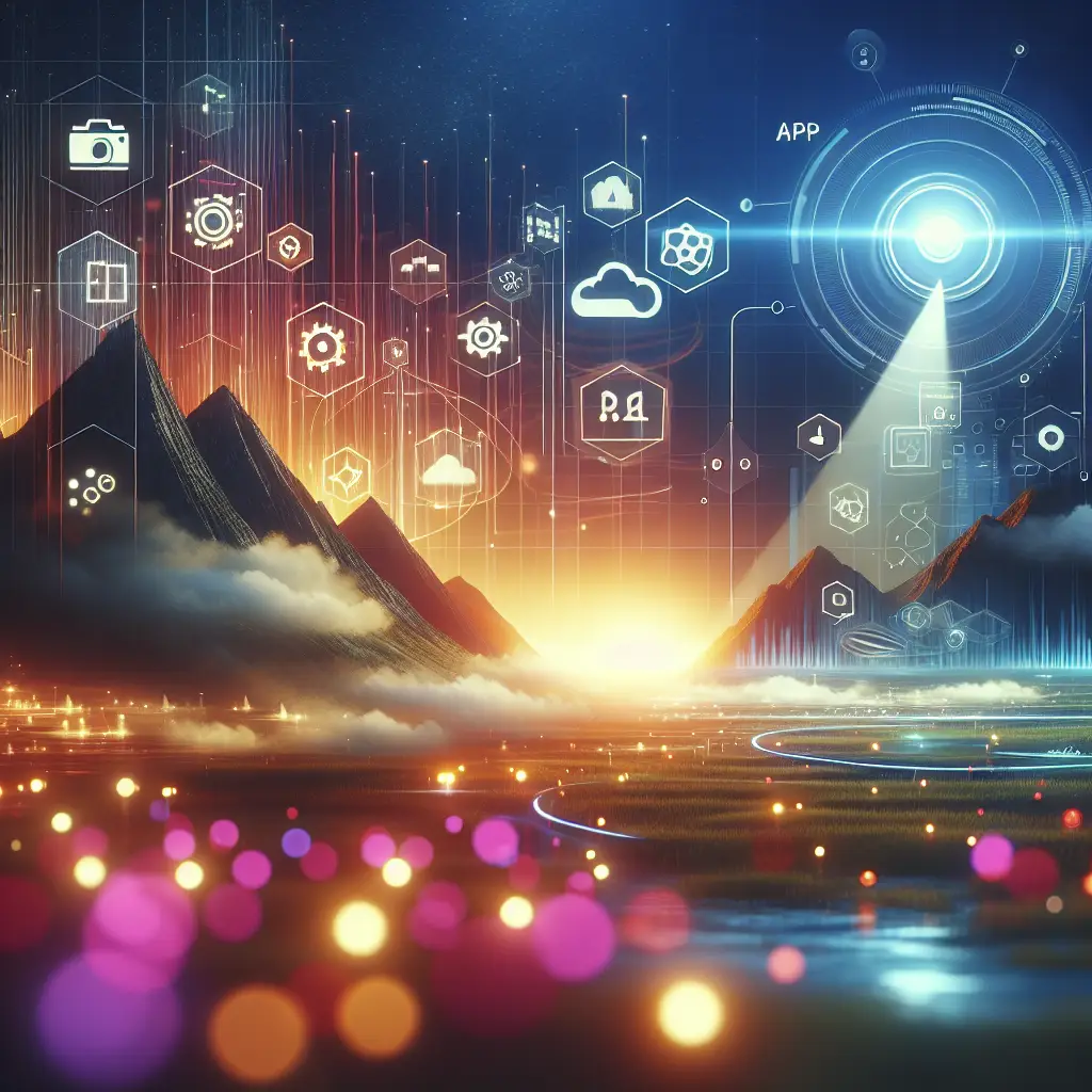 Abstract landscape with mountains, digital icons representing app development, and a glowing light beam, symbolizing planning and technology in app development.