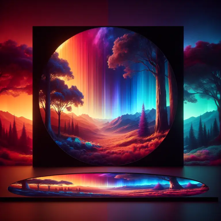 Vibrant digital landscape featuring colorful auroras over mountains and trees, illustrating creativity and visual storytelling in social media marketing.