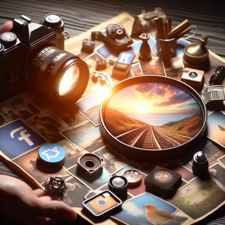 Camera and vintage photographs, featuring a magnifying glass highlighting a scenic railway landscape at sunset, surrounded by social media icons and photography equipment, symbolizing digital marketing and visual storytelling.