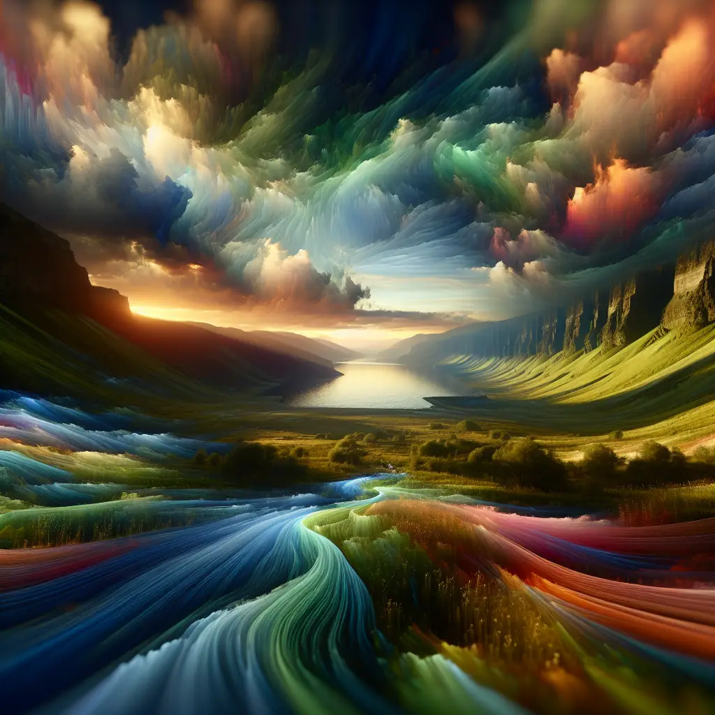 Colorful abstract landscape with swirling clouds, vibrant river flowing through green valleys, and a serene lake reflecting the sky at sunset, representing the dynamic nature of digital engagement and creativity.