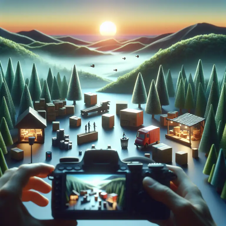 Hand holding a camera capturing a miniature landscape with trees, boxes, figures, and a setting sun, illustrating digital marketing strategies for visual storytelling.