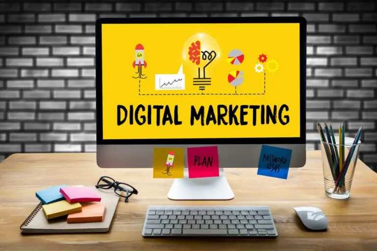 Desktop computer displaying "DIGITAL MARKETING" on a bright yellow background, surrounded by colorful sticky notes labeled "PLAN" and "PASSWORD," illustrating digital marketing concepts relevant to financial advisors.