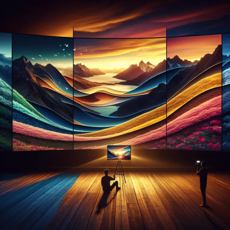 Person sitting on the floor, admiring a large, vibrant digital landscape display on multiple screens, showcasing colorful mountains and a sunset, with another person taking a photo.