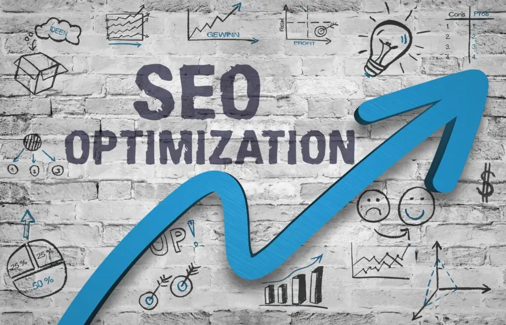 SEO optimization graphic with upward arrow on a brick wall, illustrating growth strategies for family law firms, featuring keywords like "SEO," "profit," and "ideas."