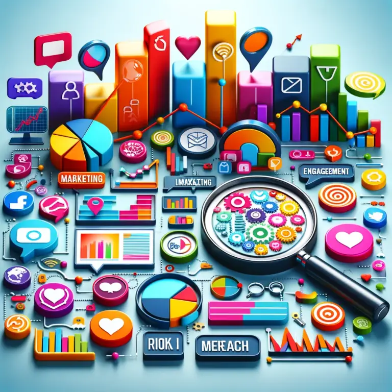 Colorful digital marketing icons and charts, representing SEO, engagement, and analytics, with a magnifying glass highlighting gears, symbolizing insights for small businesses and solopreneurs.