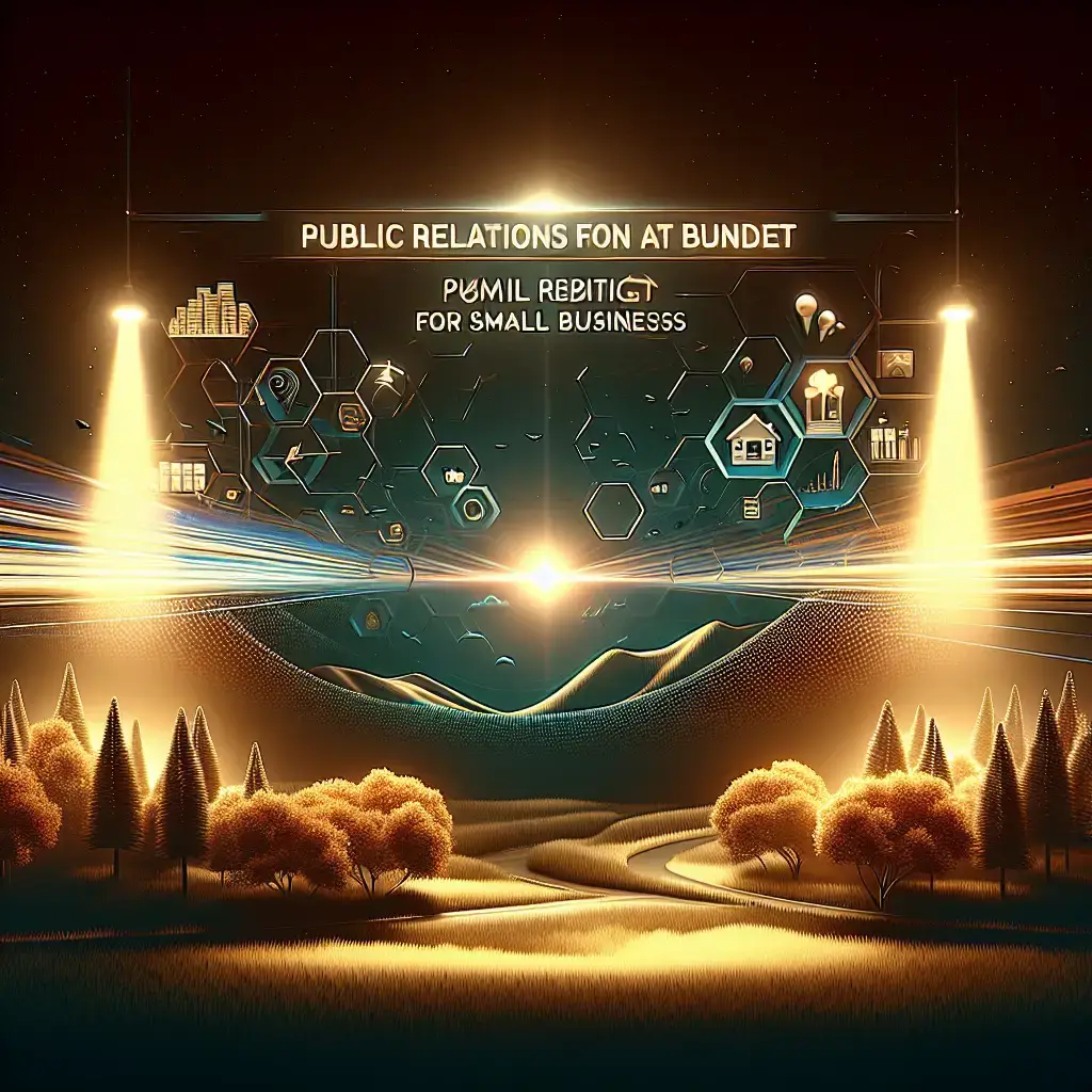 Public relations concept for small businesses, featuring hexagonal icons representing marketing strategies, financial growth, and networking, set against a glowing landscape with trees and mountains.
