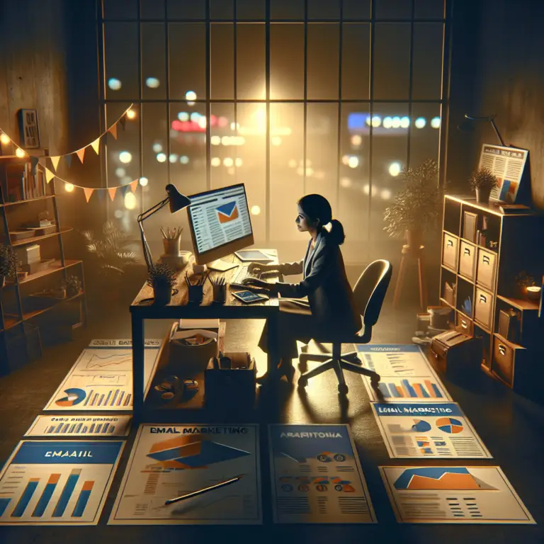 Woman working at a desk with marketing analytics on computer screen, surrounded by printed reports on email and local marketing strategies, in a cozy office setting.
