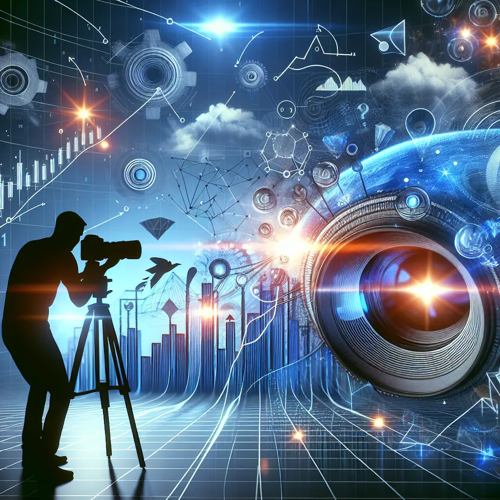 Silhouette of a photographer with a camera on a tripod, surrounded by digital graphics representing data analytics, content marketing, and optimization strategies for enhancing website traffic.
