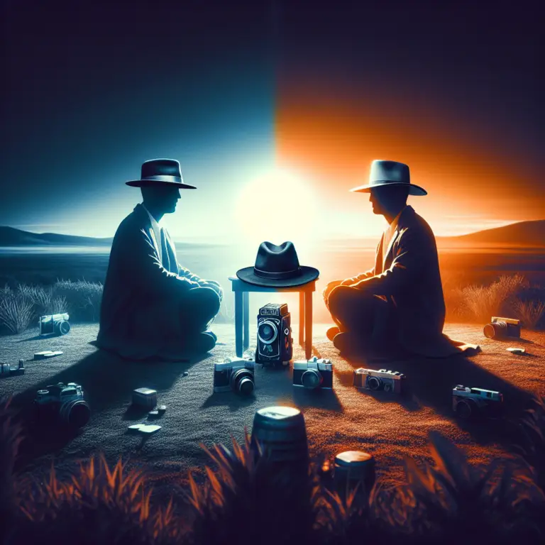 Two silhouetted figures in hats seated across from each other at a table with a vintage camera and hats, surrounded by various cameras in a contrasting sunset landscape, symbolizing the intersection of public relations and visual storytelling for small businesses.