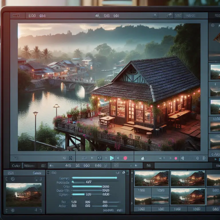 Scenic riverside restaurant with outdoor seating and decorative lights, displayed on a digital editing interface, illustrating content marketing themes for small businesses.