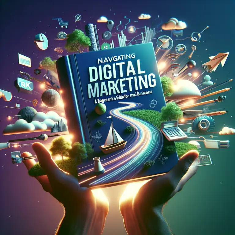 Hands holding a book titled "Navigating Digital Marketing: A Beginner's Guide for Small Businesses," surrounded by various digital marketing icons and graphics, symbolizing strategies for small business growth.