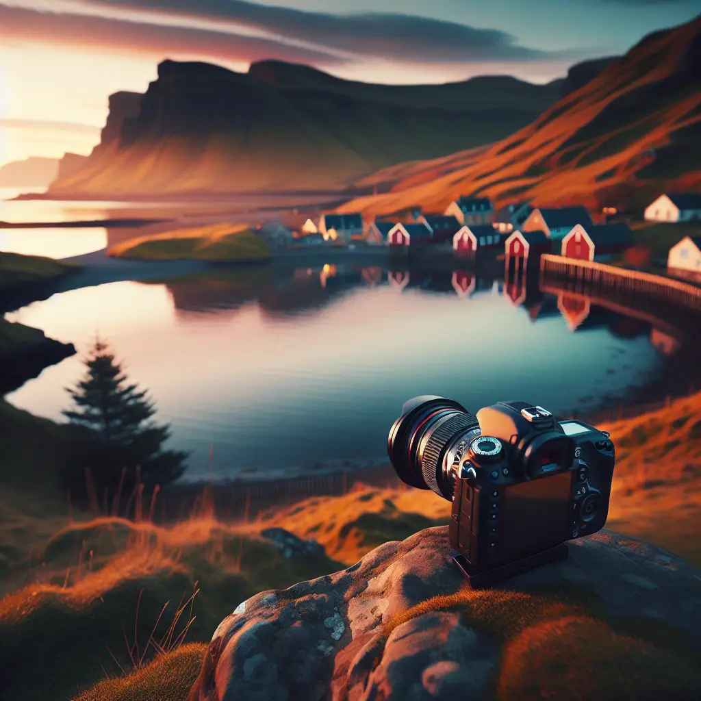Camera on a rock overlooking a serene lake and colorful houses at sunset, symbolizing the importance of capturing brand identity for small businesses.