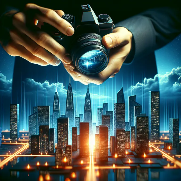 Hands holding a camera focused on a futuristic cityscape with illuminated skyscrapers, symbolizing the intersection of photography and digital marketing strategies for small businesses.