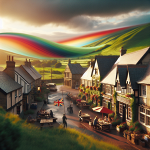 Charming village scene with traditional cottages, outdoor seating, and a British flag, set against rolling hills and a vibrant, colorful sky, symbolizing storytelling and community engagement in small business marketing.