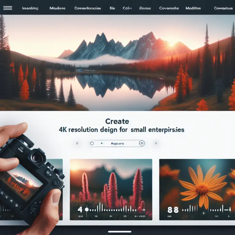 Hand holding camera capturing a scenic landscape with mountains and a reflective lake, featuring a design interface for creating 4K resolution content targeted at small enterprises.