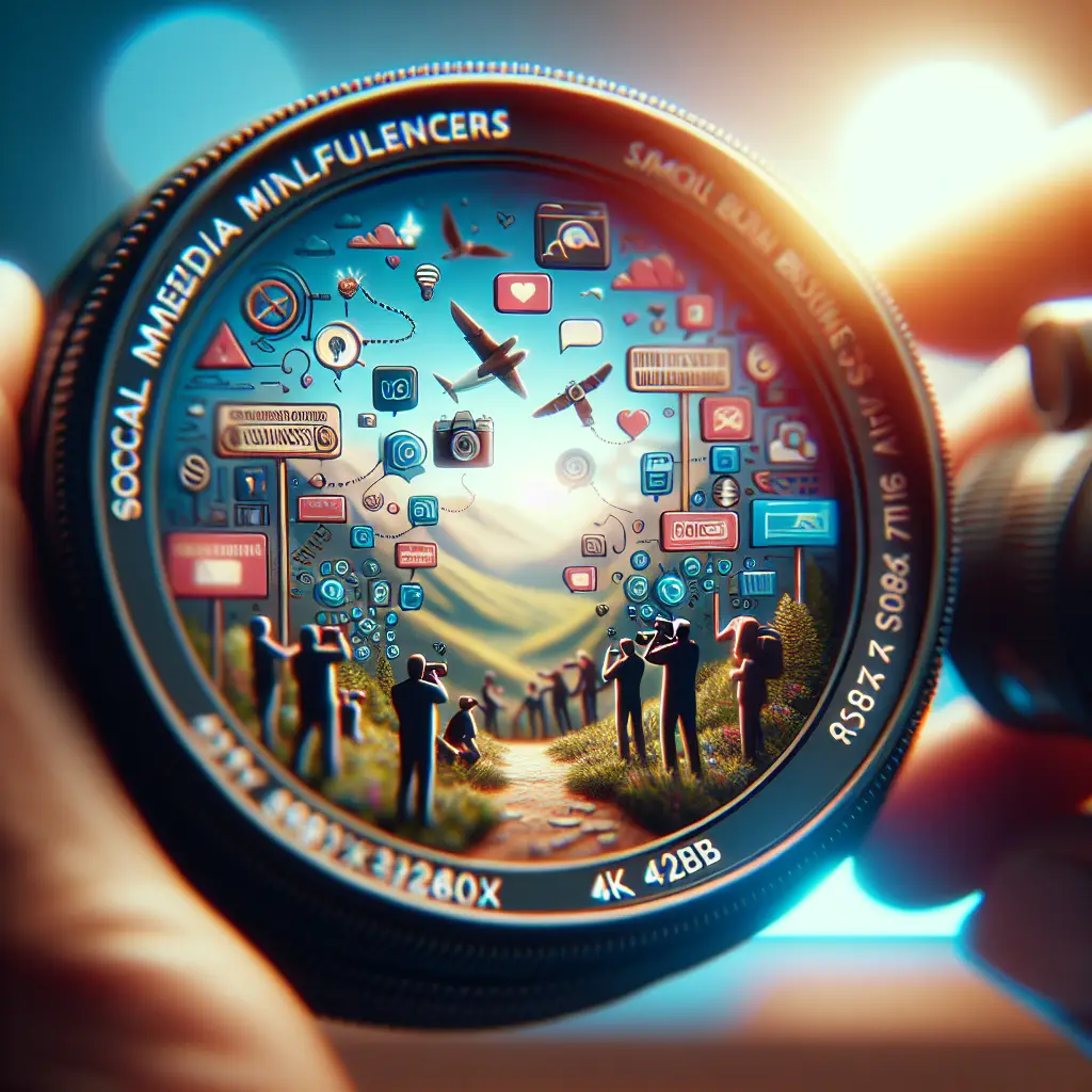 Social media influencers depicted through a camera lens, surrounded by icons representing digital marketing, engagement, and small business growth.
