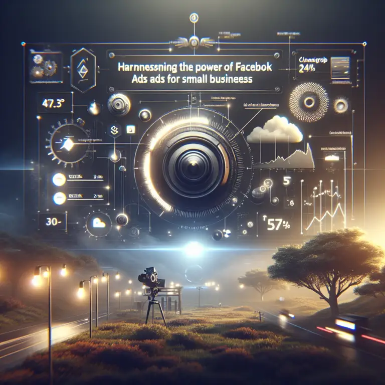 Visual infographic on Facebook Ads for small businesses, featuring a camera lens, data analytics, and marketing metrics, set in a scenic landscape with streetlights and a film camera.