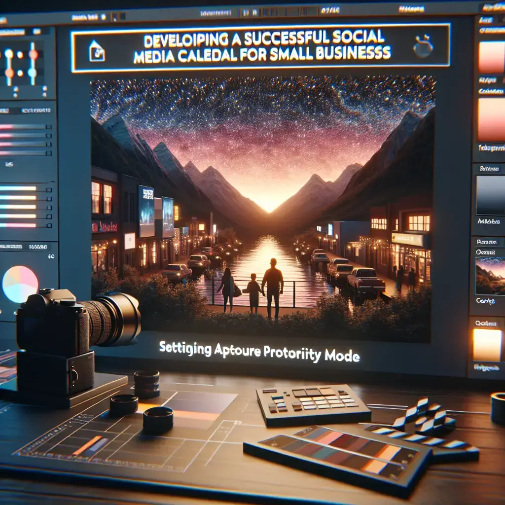 Camera and editing tools on a desk with a digital screen displaying "Developing a Successful Social Media Calendar for Small Businesses," featuring a scenic sunset over a lake and mountains, symbolizing planning and creativity in social media strategy.