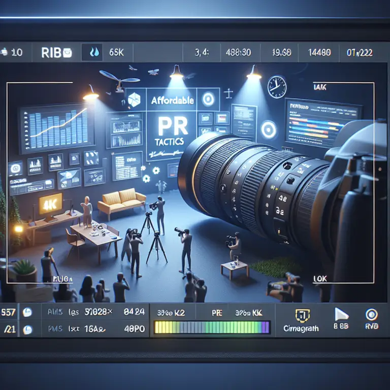Camera lens focusing on a scene depicting a presentation on affordable PR tactics, featuring figures with cameras and a digital backdrop displaying marketing analytics and strategies.