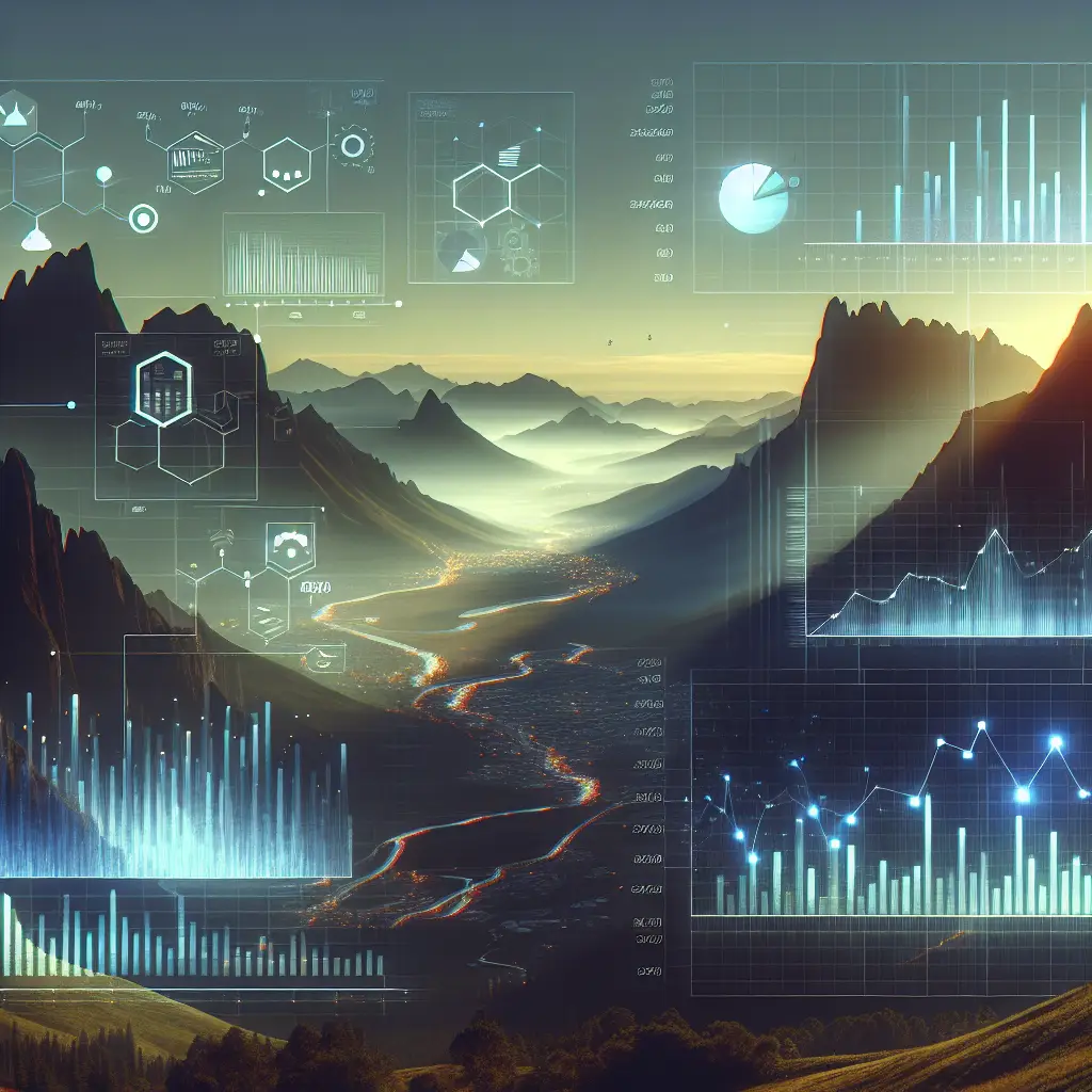 Data analytics visualization over mountainous landscape, featuring graphs, charts, and statistical data, representing the role of analytics in small business marketing strategies.