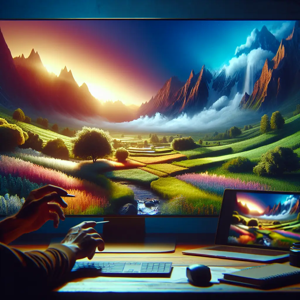 Person using a stylus and keyboard in front of a computer displaying a vibrant landscape scene, illustrating the creative process in digital content marketing strategy development for small businesses.