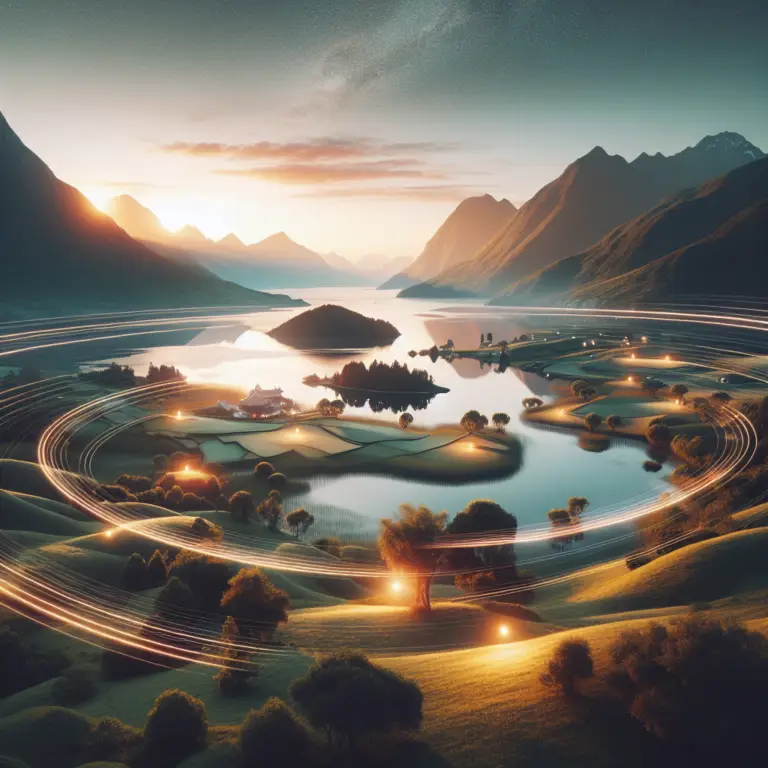 Scenic landscape with mountains, a lake, and illuminated fields at sunrise, symbolizing growth and potential for small businesses in digital marketing strategies.