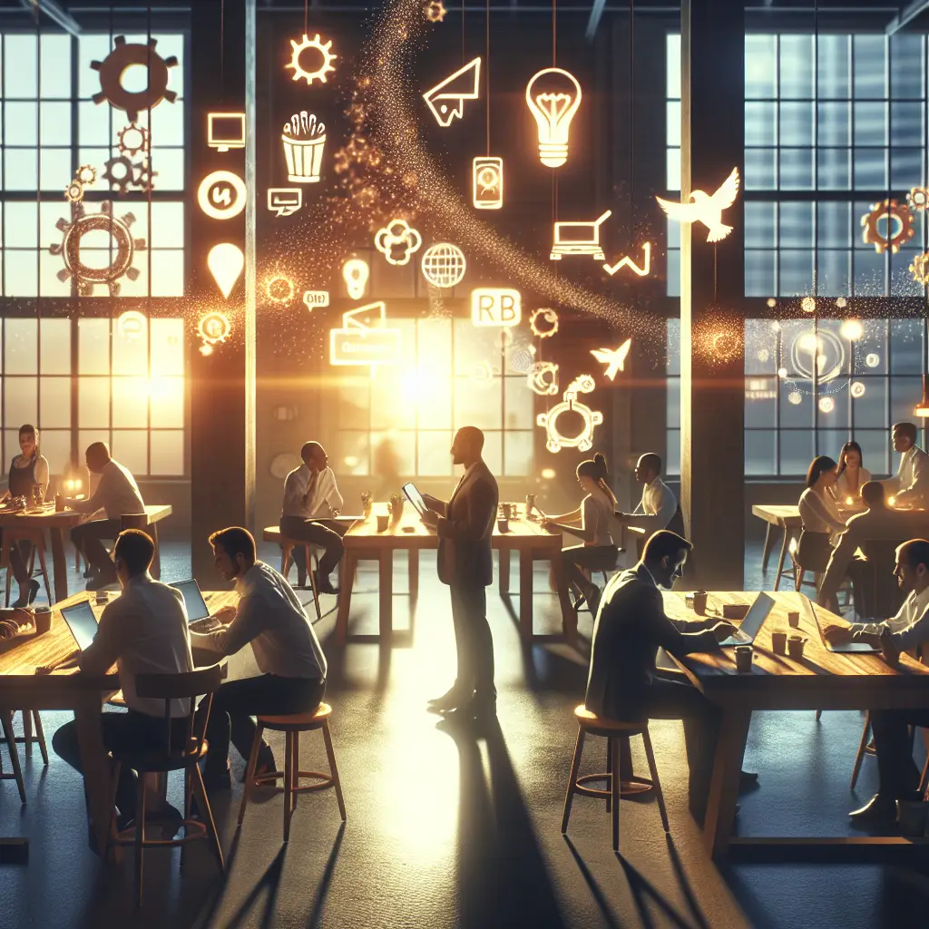 Office environment with professionals collaborating and utilizing technology, illuminated by glowing marketing automation icons, symbolizing efficiency and growth for small businesses.