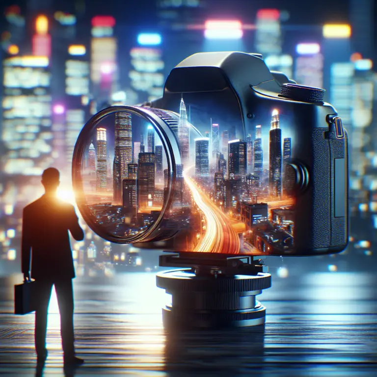 Silhouette of a businessman observing a camera lens reflecting a vibrant cityscape, symbolizing the integration of photography and digital marketing strategies for enhanced online visibility.