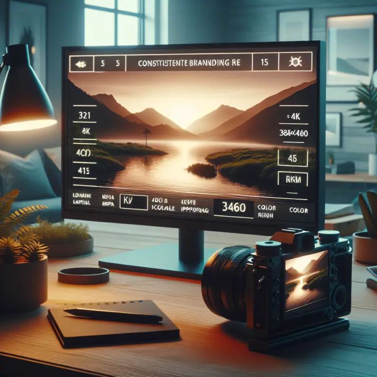 Monitor displaying a serene landscape with mountains and a river, alongside a camera and workspace items, emphasizing branding and visual marketing strategies for small businesses.