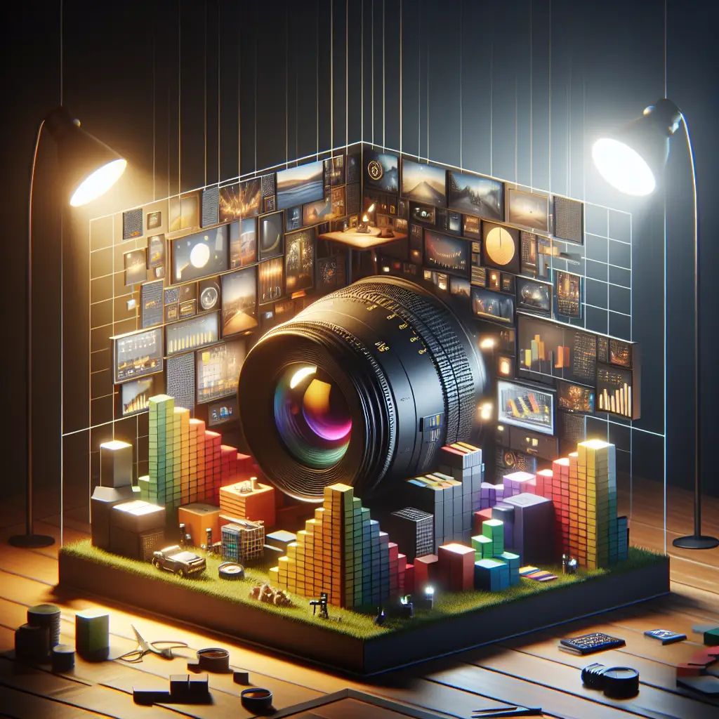 Digital camera lens surrounded by colorful building blocks and data visualizations, symbolizing innovative digital marketing strategies for small businesses.