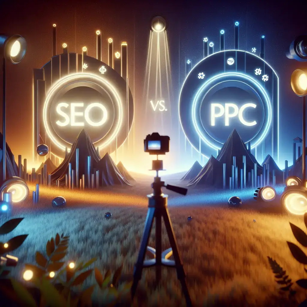 SEO vs. PPC visual comparison, featuring illuminated text labels "SEO" and "PPC" against a stylized landscape with a camera tripod in the foreground, symbolizing digital marketing strategies for small businesses.