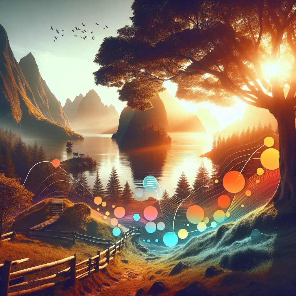 Scenic landscape with mountains, a lake, and trees at sunset, featuring colorful abstract elements symbolizing online reputation management and digital presence.