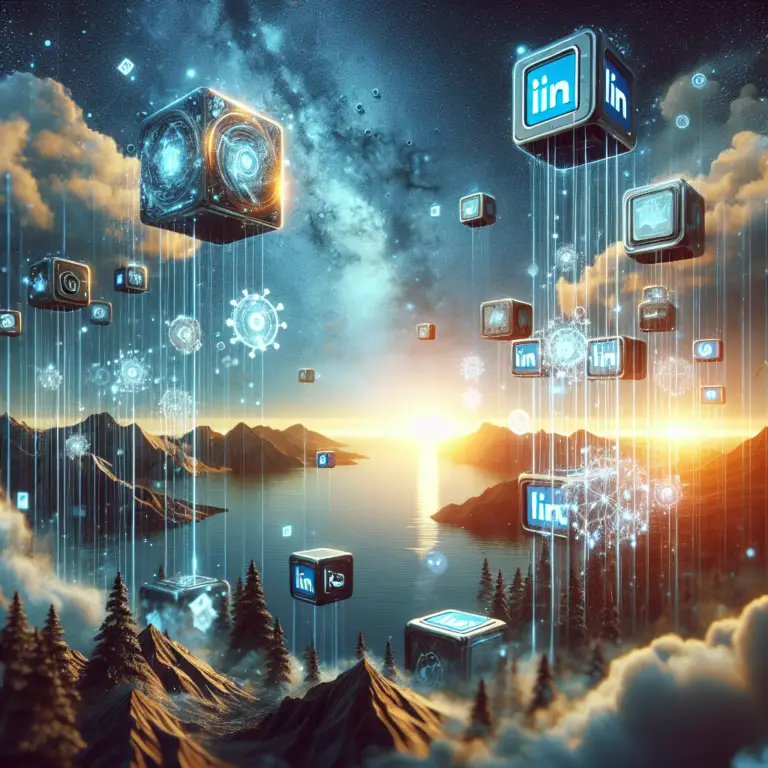 Abstract digital landscape with LinkedIn logos and glowing cubes, representing social media marketing strategies and networking opportunities for businesses.