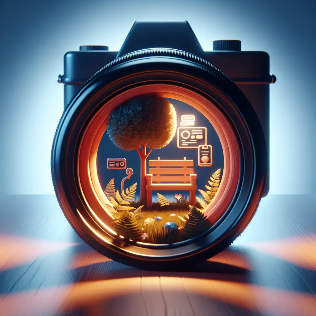 Camera lens framing a miniature scene with a bench, tree, and decorative elements, symbolizing user-friendly website design and engagement for small businesses.