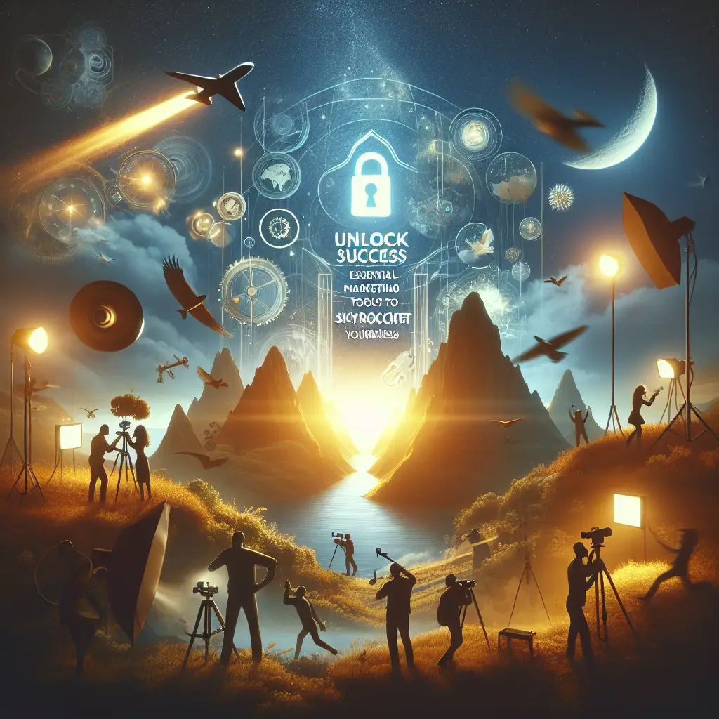 Unlocking success in digital marketing, featuring silhouettes of professionals with cameras, mountains, and a glowing sunrise, emphasizing essential tools for business growth.