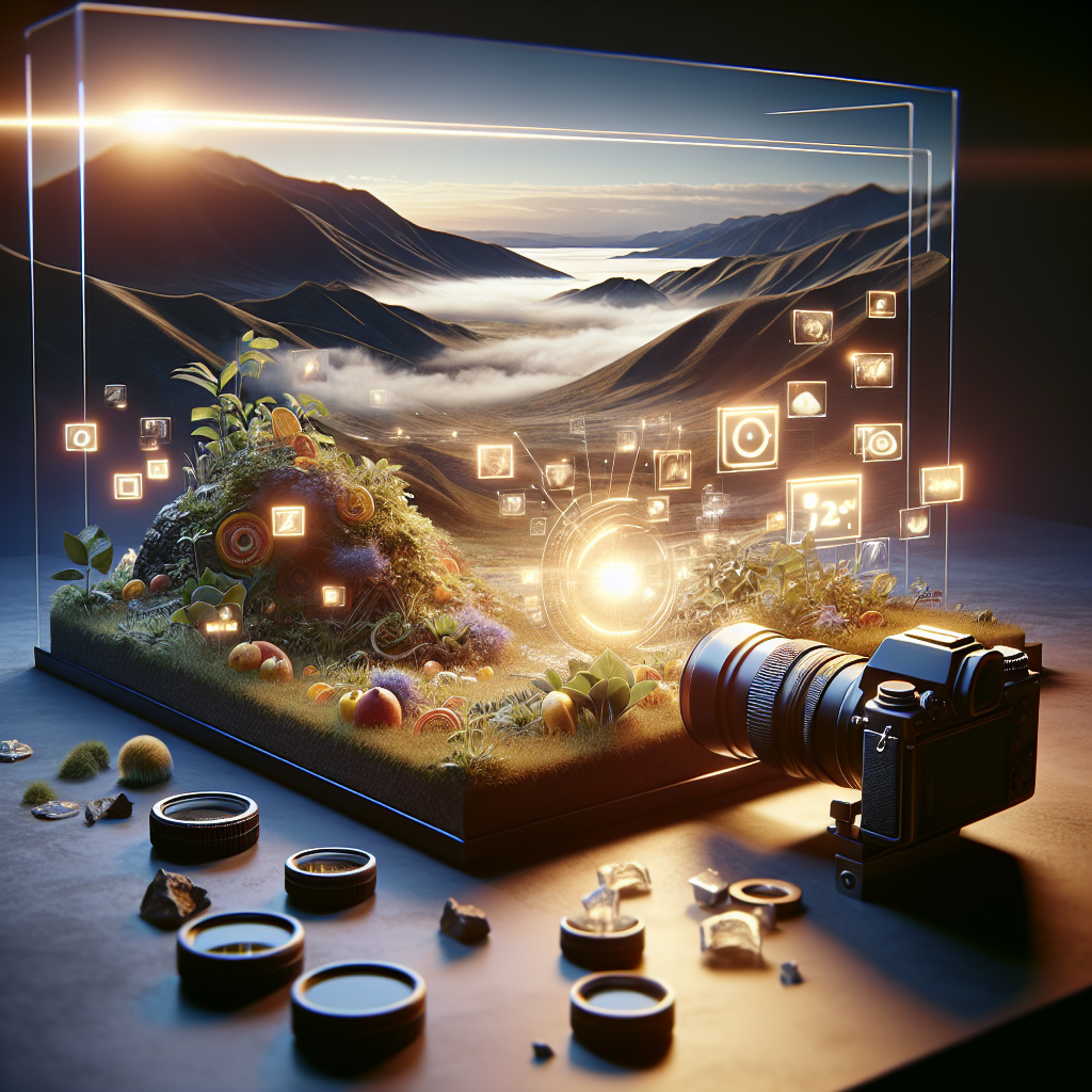 Camera positioned beside a vibrant miniature landscape with digital icons representing social engagement and communication, illustrating the connection between photography and meaningful interactions.