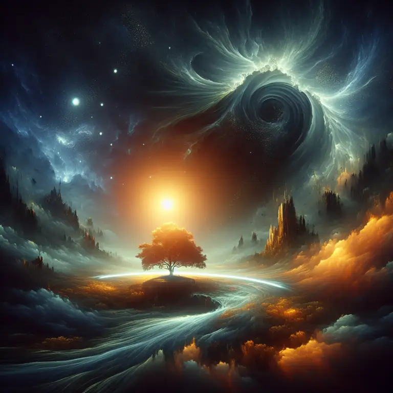Surreal landscape featuring a solitary tree on an island surrounded by swirling clouds and cosmic elements, symbolizing creativity and exploration in marketing strategies for DIY entrepreneurs.