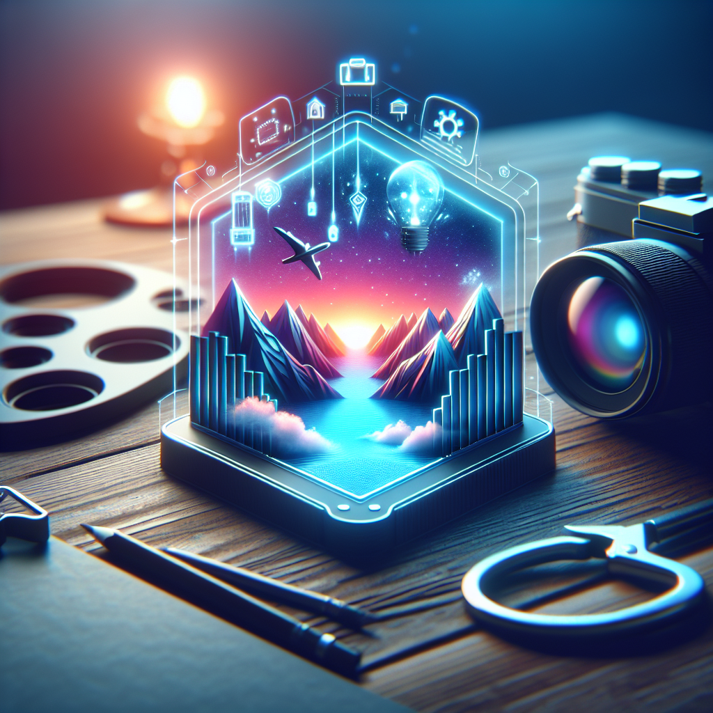 Digital marketing tools concept featuring a glowing 3D landscape with mountains and a light bulb, surrounded by icons representing analytics and creativity, on a wooden desk with a camera and stationery.