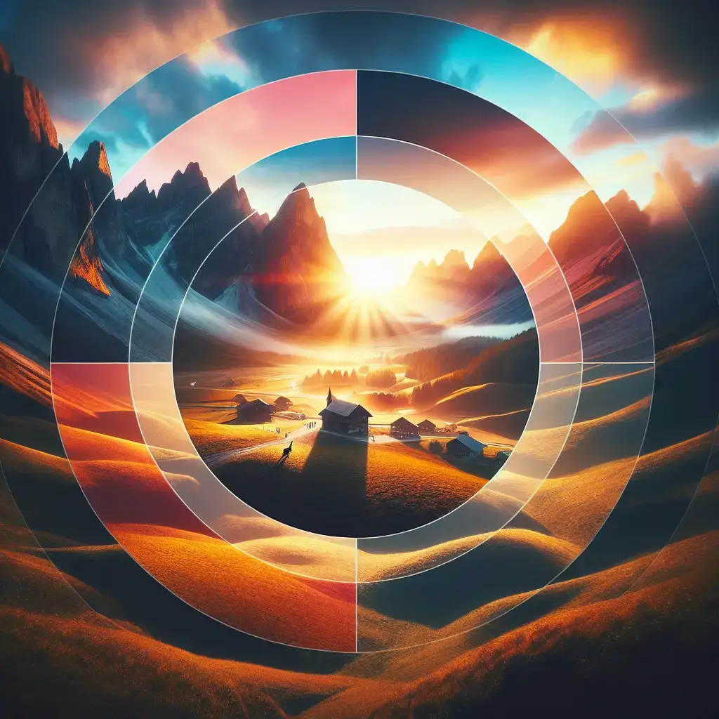 Sunrise over a mountainous landscape with vibrant colors, featuring a serene valley with scattered houses, framed by circular graphic elements representing visual storytelling techniques.